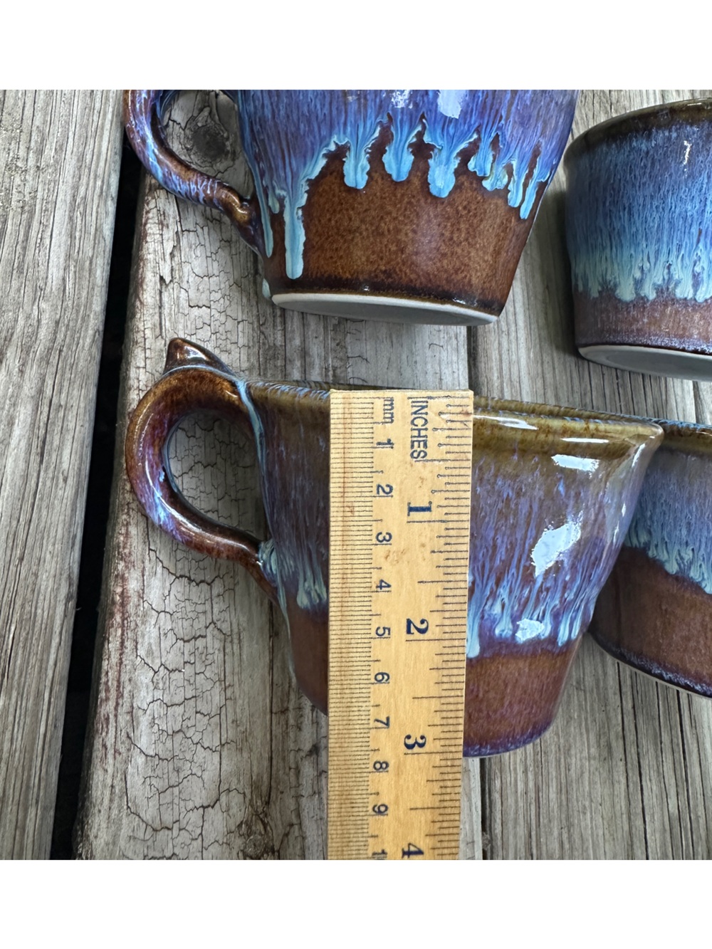 Set of 4 Handmade Ceramic Mugs with brown and blue glaze drip effect - Picture 2 of 7